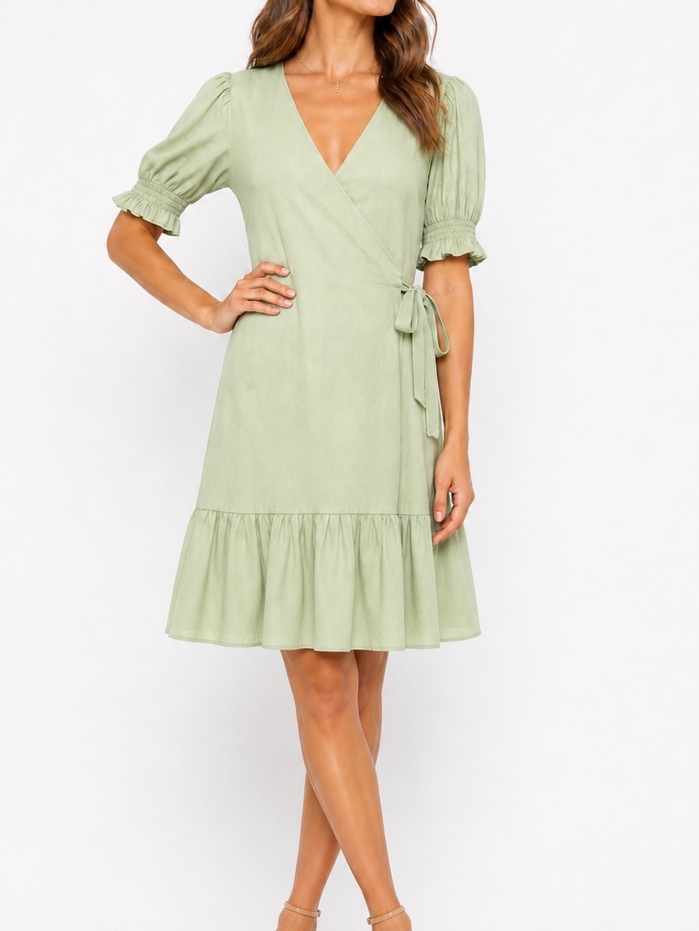 Antonio Melani Linen Blend Wrap Dress Honeydew Puff Sleeve Tie Waist Ruffle Sz 8